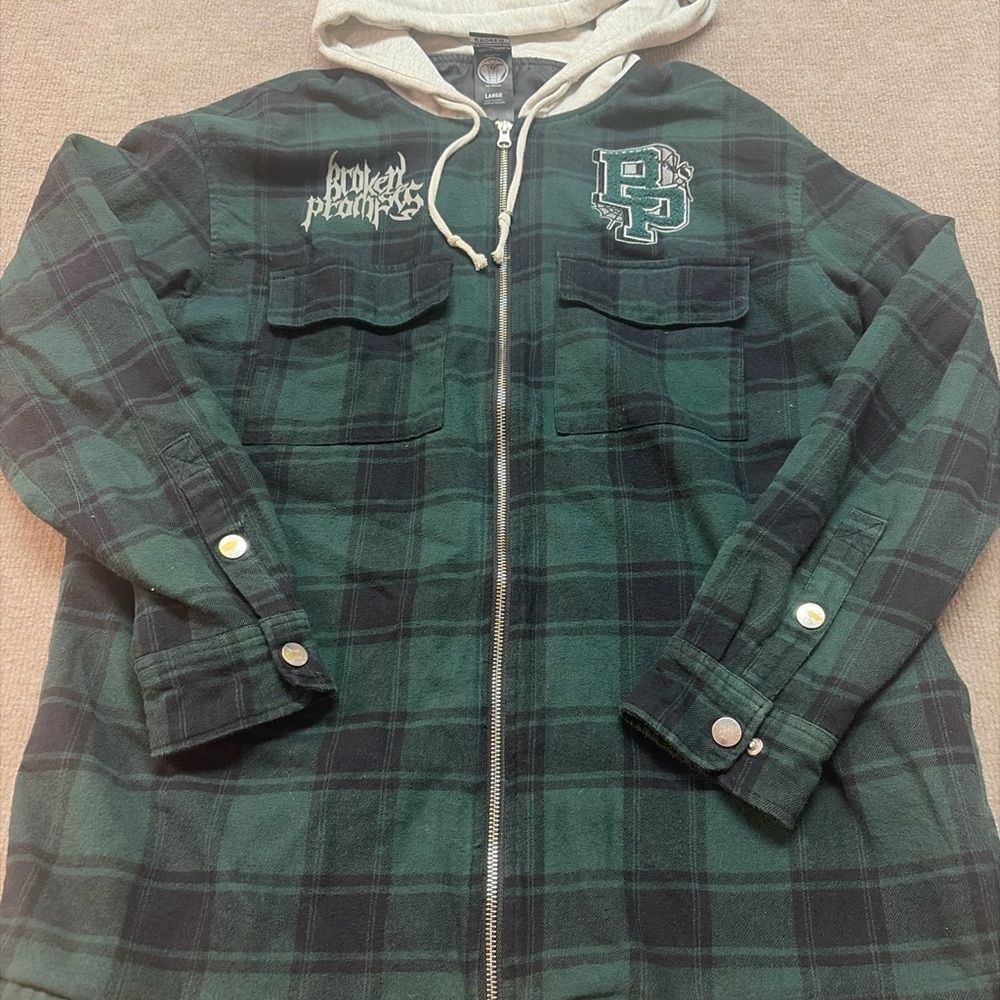 Broken Promises Plaid Hooded Jacket Green Black Flannel Large 0699